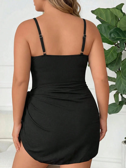 CURVE+ Plus-Size Women's Solid Color Tie-Up Casual Conservative Modest Swimsuit, Perfect For Summer Beach Vacation. Black