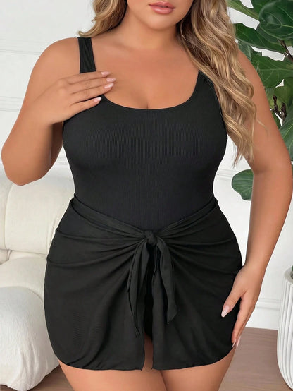 CURVE+ Plus-Size Women's Solid Color Tie-Up Casual Conservative Modest Swimsuit, Perfect For Summer Beach Vacation. Black