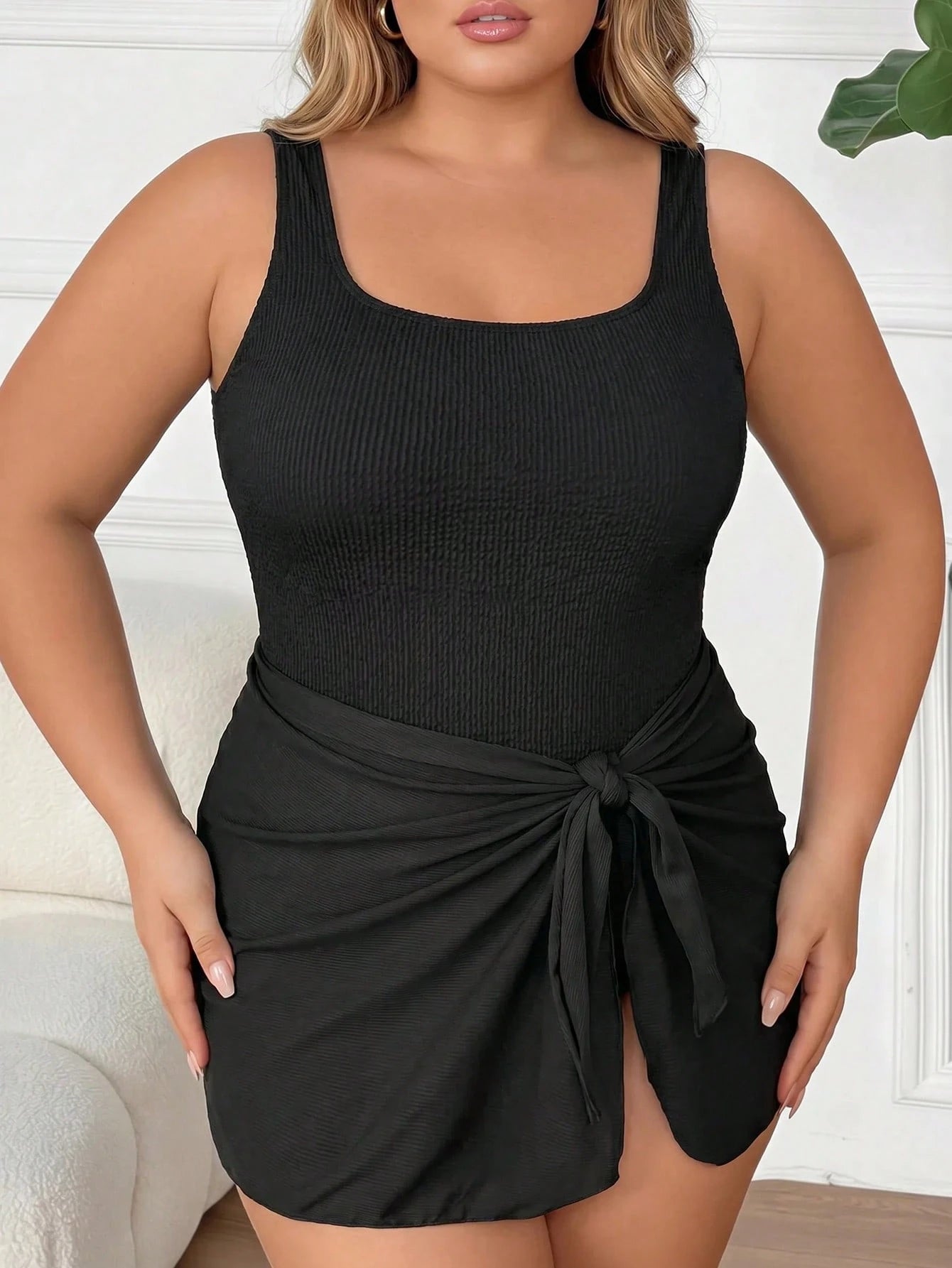 CURVE+ Plus-Size Women's Solid Color Tie-Up Casual Conservative Modest Swimsuit, Perfect For Summer Beach Vacation. Black