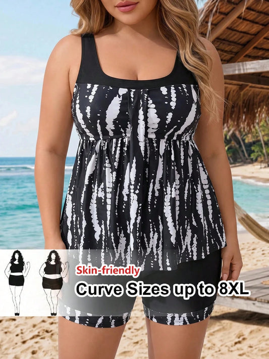 CURVE+ Plus Size Women Summer Beach Random Print High Waist Slimming Tank Style Bikini
