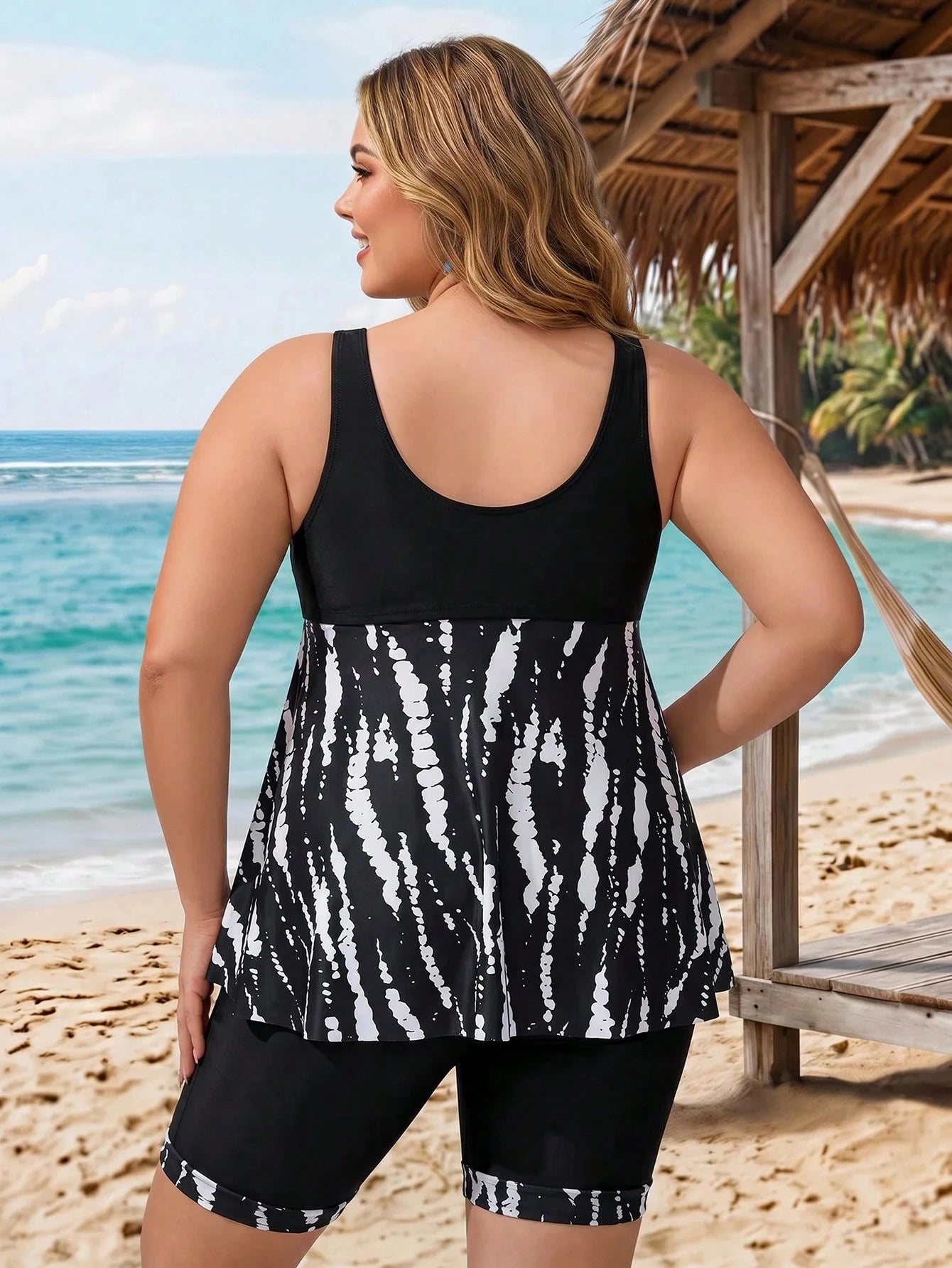 CURVE+ Plus Size Women Summer Beach Random Print High Waist Slimming Tank Style Bikini