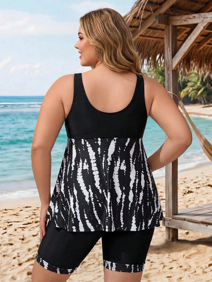 CURVE+ Plus Size Women Summer Beach Random Print High Waist Slimming Tank Style Bikini