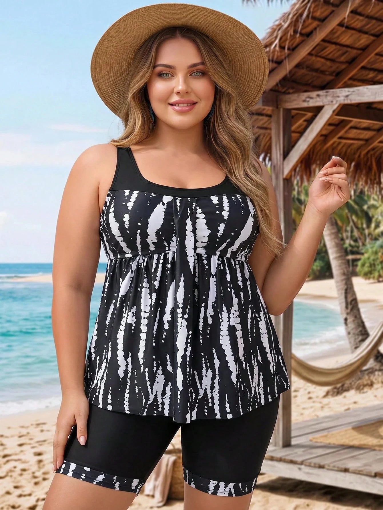 CURVE+ Plus Size Women Summer Beach Random Print High Waist Slimming Tank Style Bikini