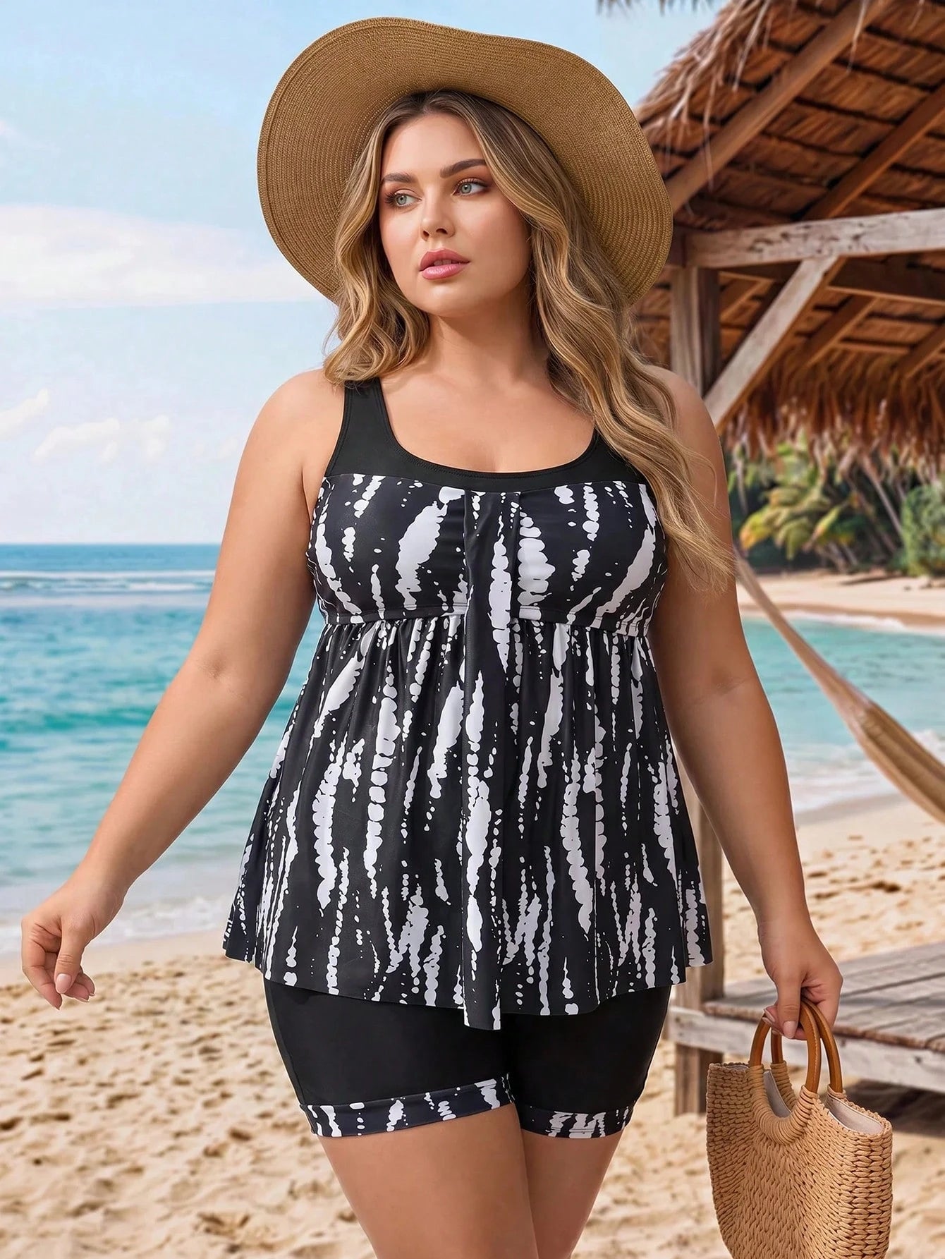 CURVE+ Plus Size Women Summer Beach Random Print High Waist Slimming Tank Style Bikini