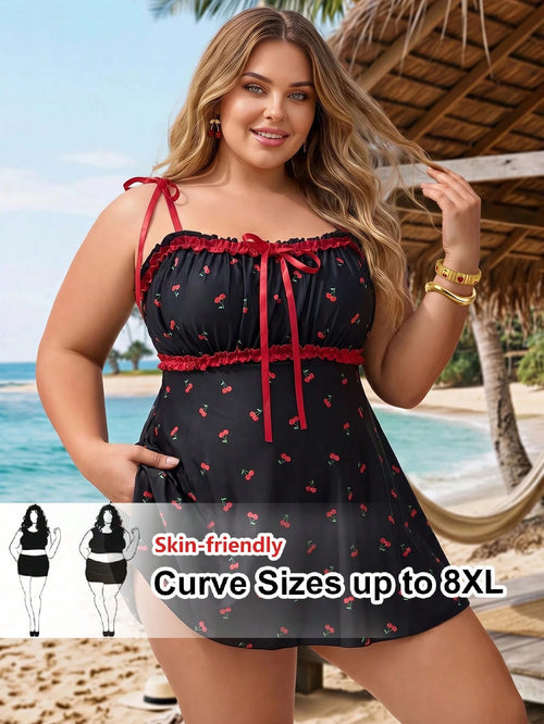 CURVE+ Swim Mod 2026 New Plus Size Cherry Print Casual Cute Tankini Swimsuit Set
