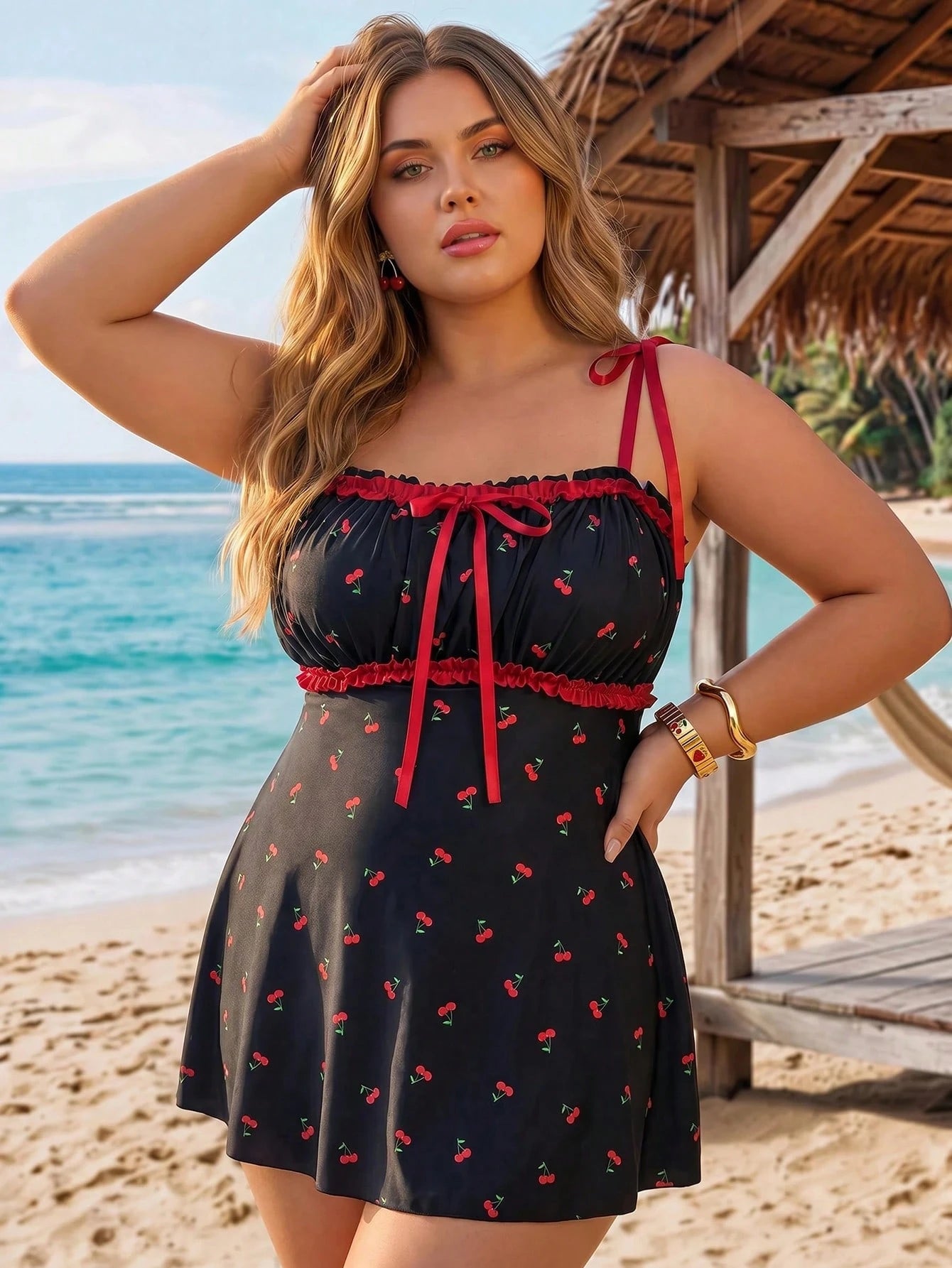 CURVE+ Swim Mod 2026 New Plus Size Cherry Print Casual Cute Tankini Swimsuit Set