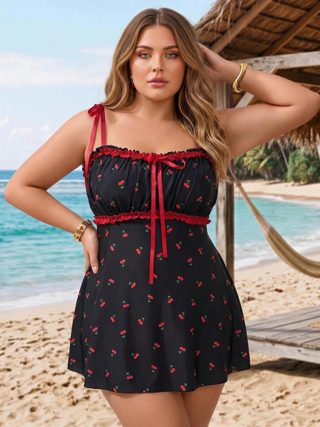 CURVE+ Swim Mod 2026 New Plus Size Cherry Print Casual Cute Tankini Swimsuit Set