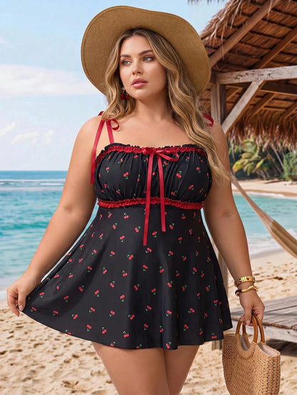 CURVE+ Swim Mod 2026 New Plus Size Cherry Print Casual Cute Tankini Swimsuit Set
