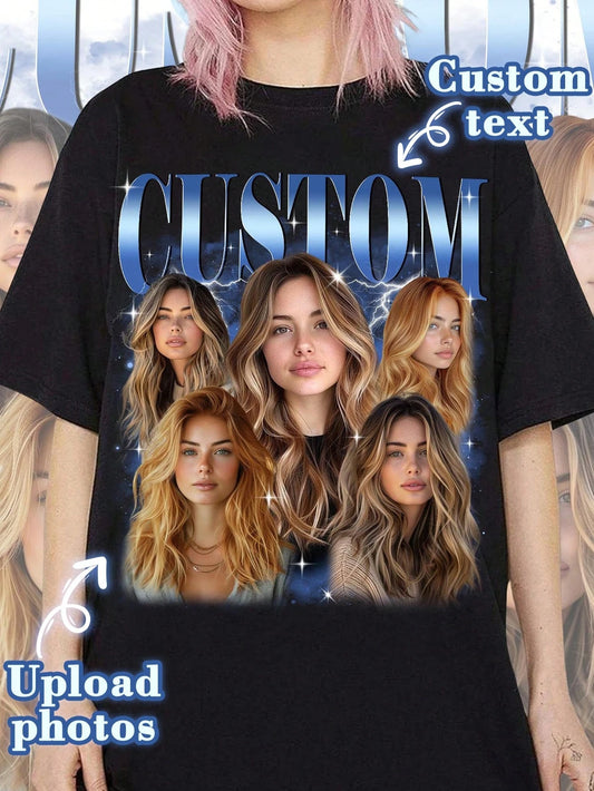 Custom 90s Vintage Street Style T-Shirt, Personalized Photo & Text Print Tee,Birthday Custom Printed T-Shirt Casual Black Summer