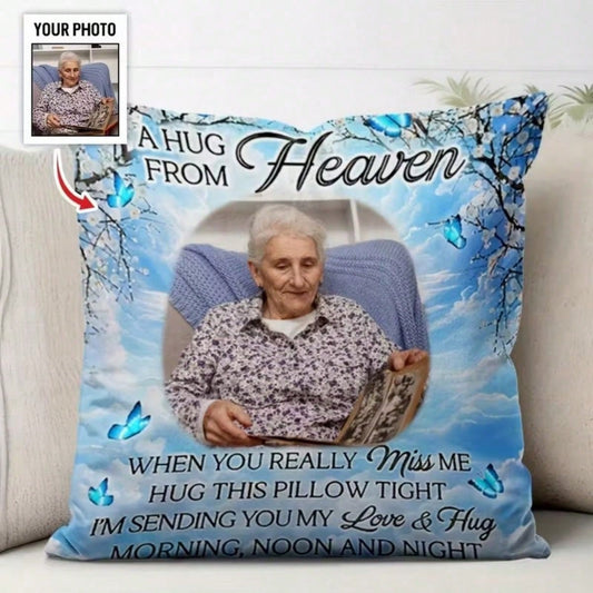 Custom Memorial Pillow Cover Heaven, Personalized Photo Pillow For Loss Of Loved One "Hug From Heaven" Design With Blue Butterflies, Bereavement Gift, In Memory Gift For Family, Comforting Keepsake, R
