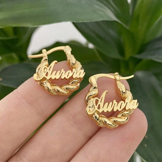 Custom Name Hoop Earrings, Personalized Name Mini Twist Hoops, Personalized Jewelry Gift, Nameplate Earrings, Twist Hoop Earrings, Party Accessories