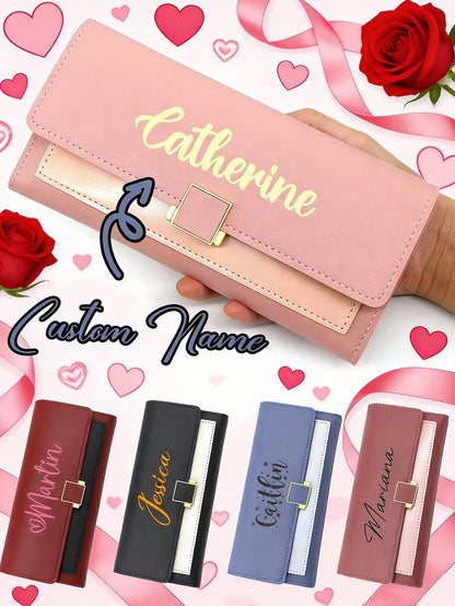 Customizable Clutch/Personalized Wallet, Can Print Your Own Text. This Large Capacity PU Leather Wallet/Coin Purse/Card Holder Has Credit Card Slots, Soft Lining, And Secure Snap Closure