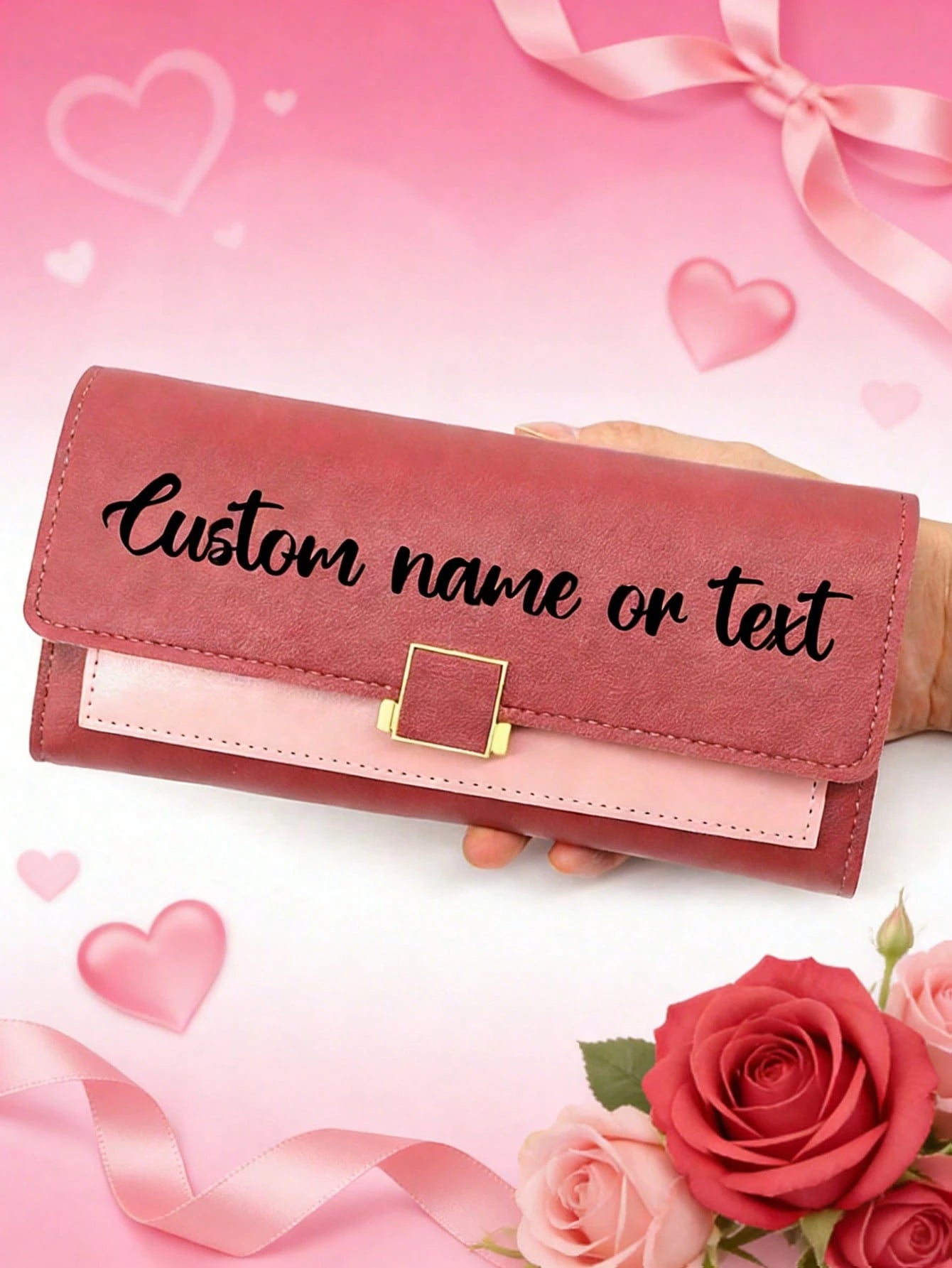 Customizable Clutch/Personalized Wallet, Can Print Your Own Text. This Large Capacity PU Leather Wallet/Coin Purse/Card Holder Has Credit Card Slots, Soft Lining, And Secure Snap Closure