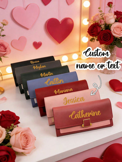 Customizable Clutch/Personalized Wallet, Can Print Your Own Text. This Large Capacity PU Leather Wallet/Coin Purse/Card Holder Has Credit Card Slots, Soft Lining, And Secure Snap Closure