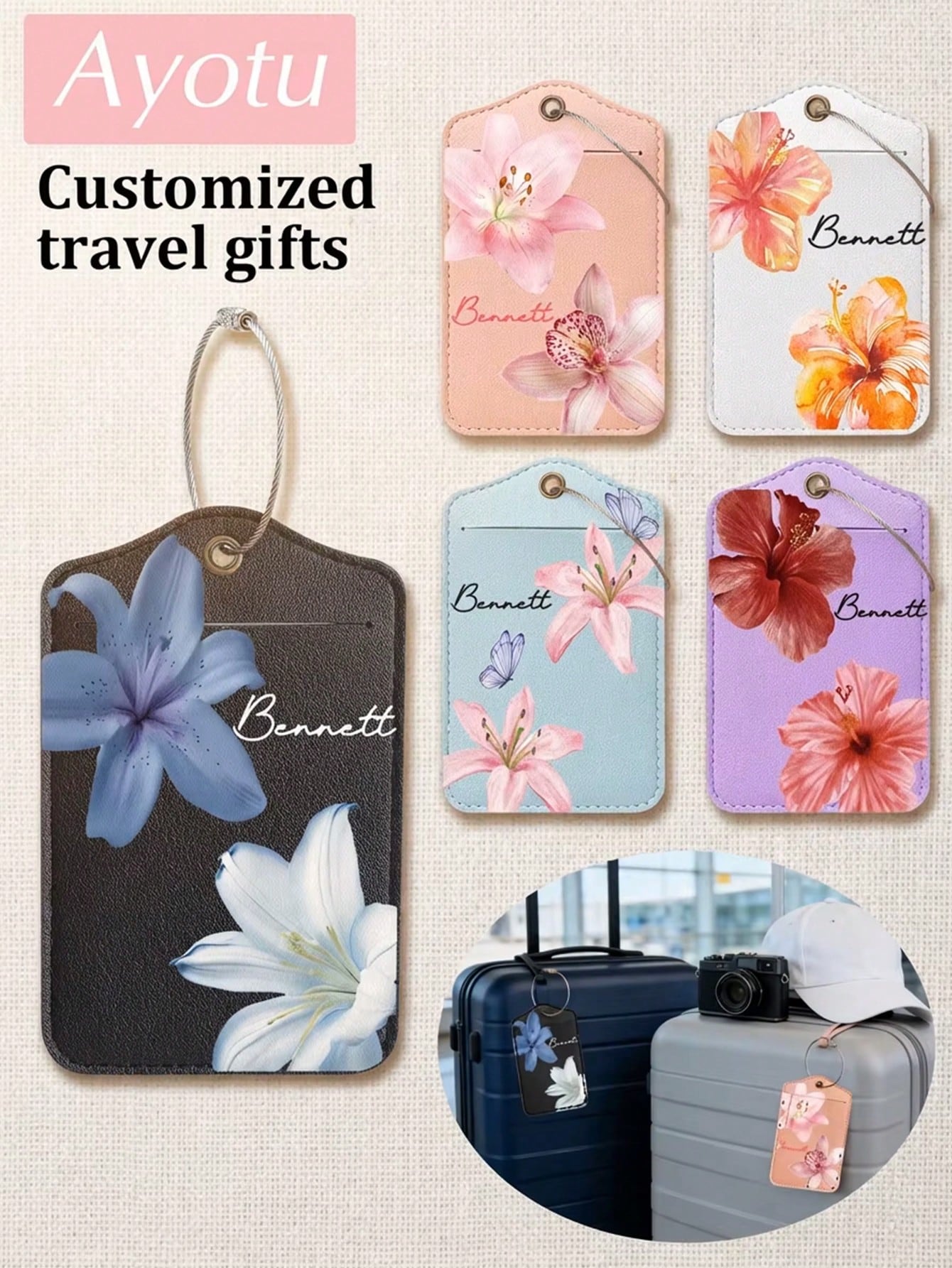 Customized Floral And Name Luggage Tag, Fashionable Lightweight Luggage Tag Suitable For Travel Groups, Women's Luggage Identification Tag, Boarding Pass Label, Team Building Travel ID Tag. Suitable F