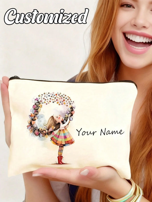 Customized Makeup Bag, Personalized Letter Name Logo Storage Pouch, Polyester Makeup Bag| Lightweight Zipper Makeup Bag, Cute Girl Print Coin Purse – Large Capacity, Secure Zipper Design, Unisex, Per