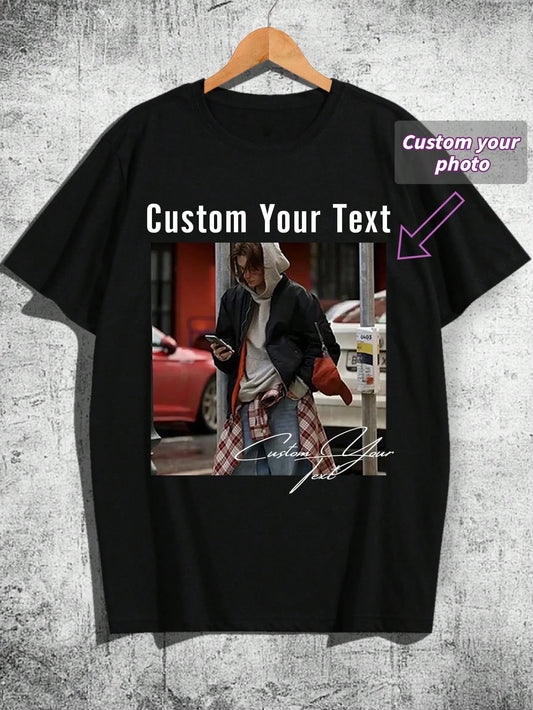Customized Men's Black T-Shirt, Custom Text, Photo Upload, Holiday Gift, Anniversary Gift, Company Team Building Uniform, Gift For Him, Round Neck Short Sleeve, Party, Personalized Gift, Father's Day