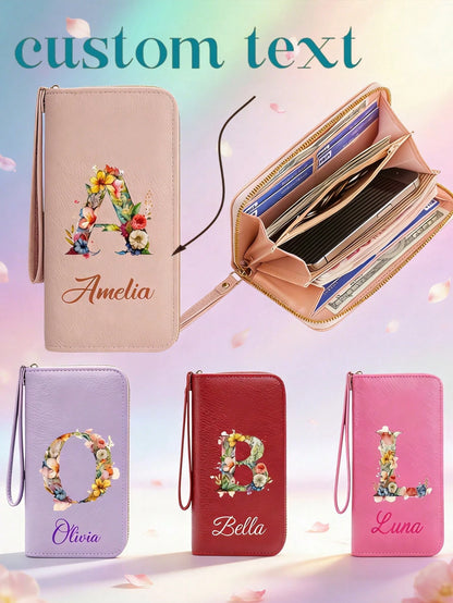 Customized Signature Long Wallet, Personalized Wallet, Women's Personalized Name Wallet, Exquisite Wrist Bag, Decorated With 26 Initial Floral Patterns, Multi-Function Coin Purse, A To Z Initial Patte