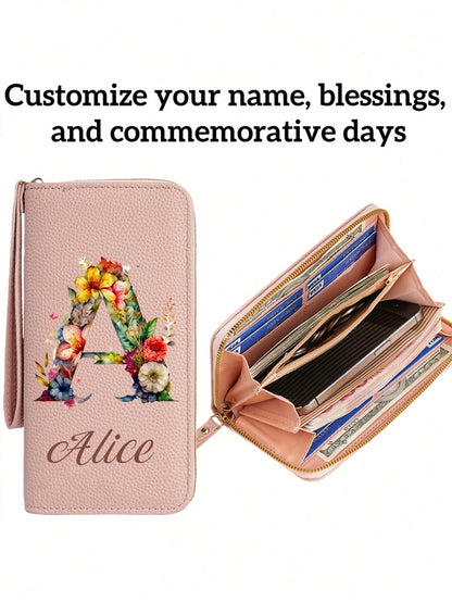 Customized Signature Long Wallet, Personalized Wallet, Women's Personalized Name Wallet, Exquisite Wrist Bag, Decorated With 26 Initial Floral Patterns, Multi-Function Coin Purse, A To Z Initial Patte
