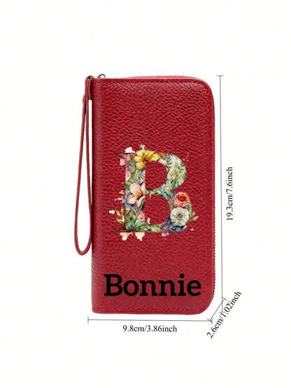 Customized Signature Long Wallet, Personalized Wallet, Women's Personalized Name Wallet, Exquisite Wrist Bag, Decorated With 26 Initial Floral Patterns, Multi-Function Coin Purse, A To Z Initial Patte