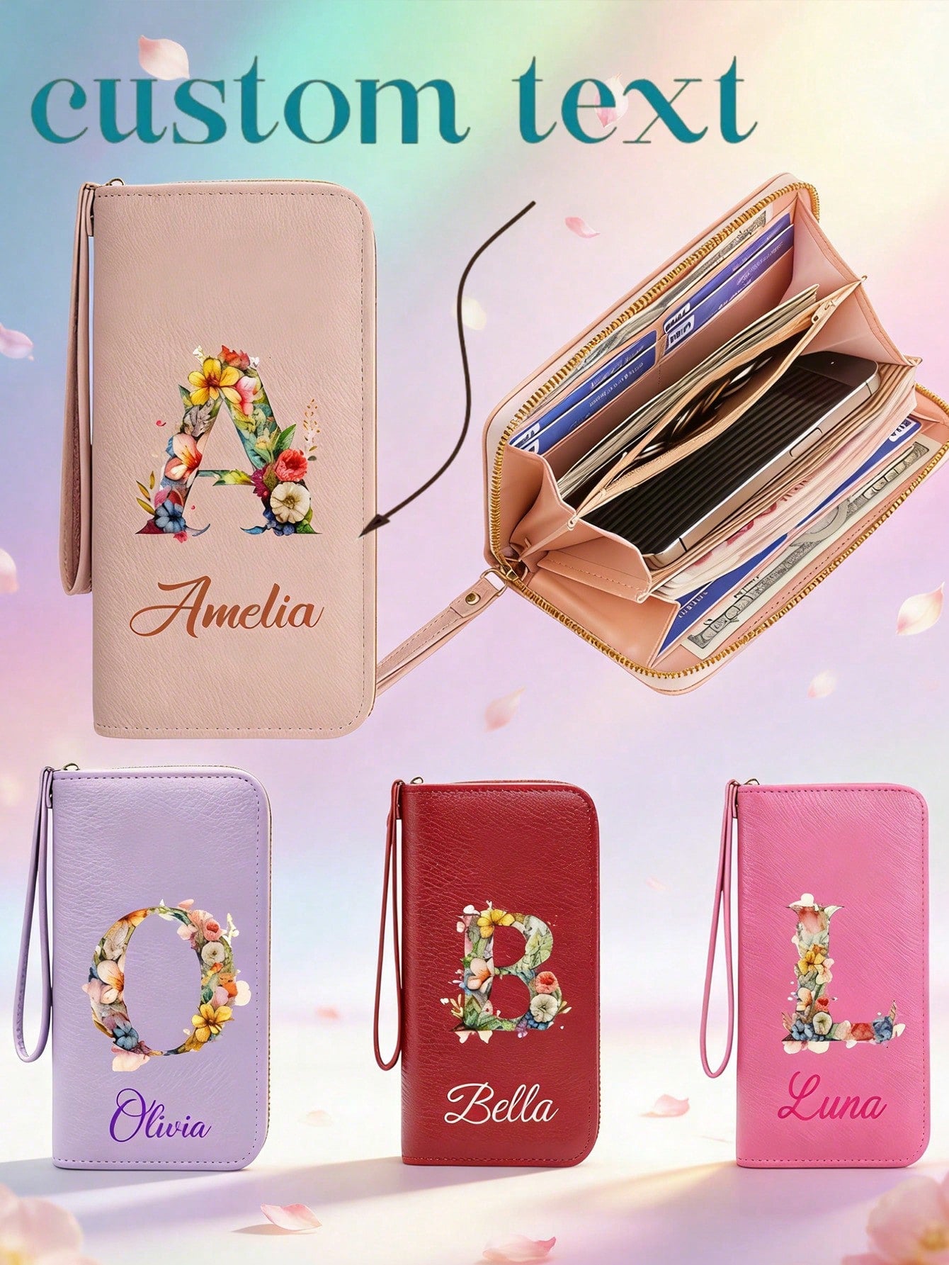 Customized Signature Long Wallet, Personalized Wallet, Women's Personalized Name Wallet, Exquisite Wrist Bag, Decorated With 26 Initial Floral Patterns, Multi-Function Coin Purse, A To Z Initial Patte