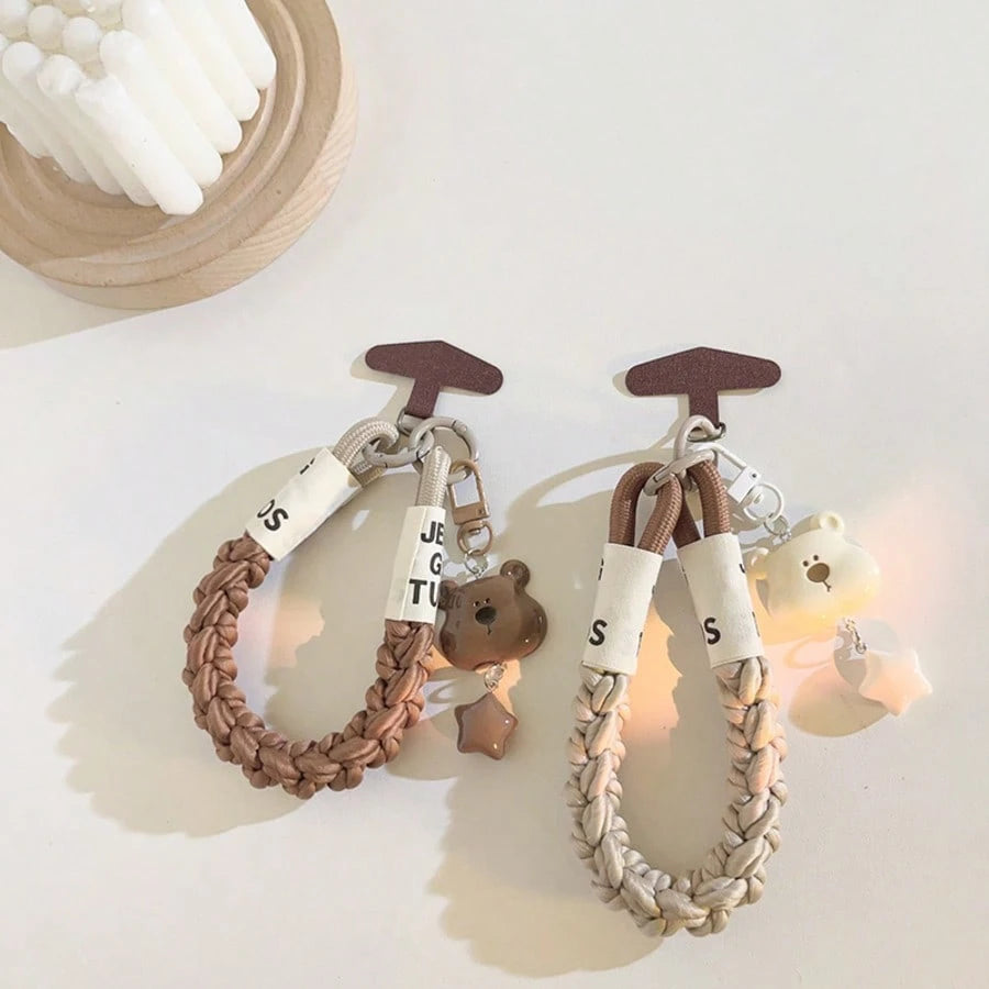 Cute Bear Pendant Woven Rope Phone Wrist Strap, Letter Woven Label Short Hand Rope, T-Shaped Connector Pendant, Neutral Coffee Color Anti-Loss Phone Case Accessory