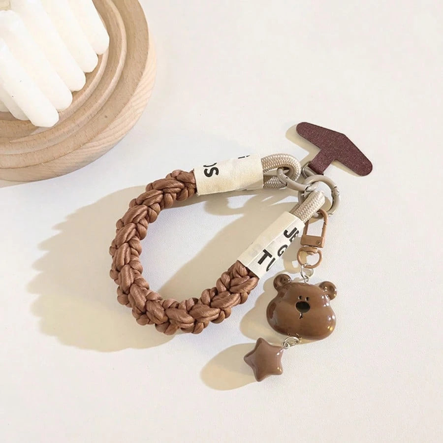 Cute Bear Pendant Woven Rope Phone Wrist Strap, Letter Woven Label Short Hand Rope, T-Shaped Connector Pendant, Neutral Coffee Color Anti-Loss Phone Case Accessory