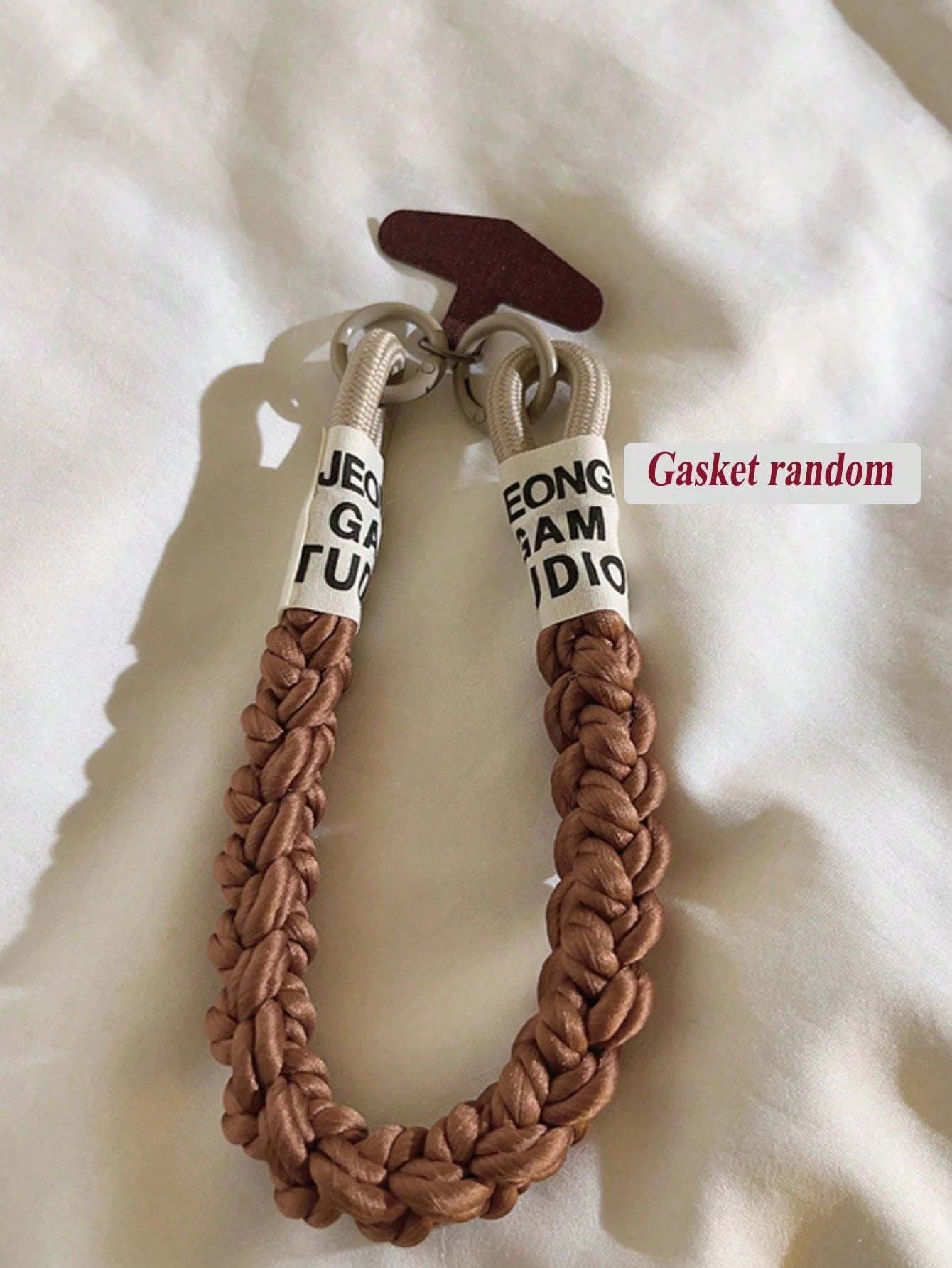Cute Bear Pendant Woven Rope Phone Wrist Strap, Letter Woven Label Short Hand Rope, T-Shaped Connector Pendant, Neutral Coffee Color Anti-Loss Phone Case Accessory