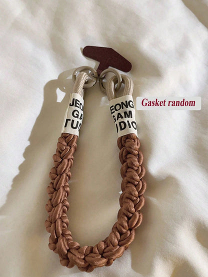 Cute Bear Pendant Woven Rope Phone Wrist Strap, Letter Woven Label Short Hand Rope, T-Shaped Connector Pendant, Neutral Coffee Color Anti-Loss Phone Case Accessory