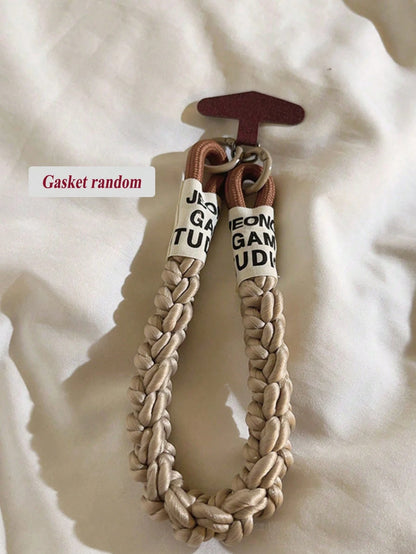 Cute Bear Pendant Woven Rope Phone Wrist Strap, Letter Woven Label Short Hand Rope, T-Shaped Connector Pendant, Neutral Coffee Color Anti-Loss Phone Case Accessory
