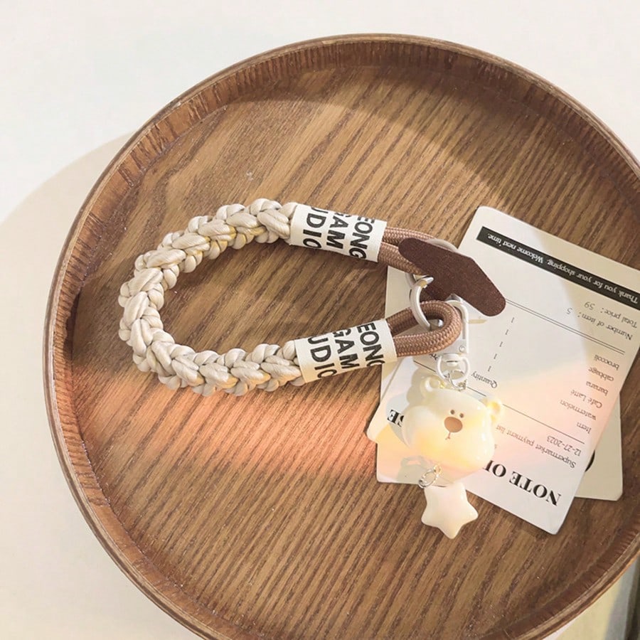 Cute Bear Pendant Woven Rope Phone Wrist Strap, Letter Woven Label Short Hand Rope, T-Shaped Connector Pendant, Neutral Coffee Color Anti-Loss Phone Case Accessory