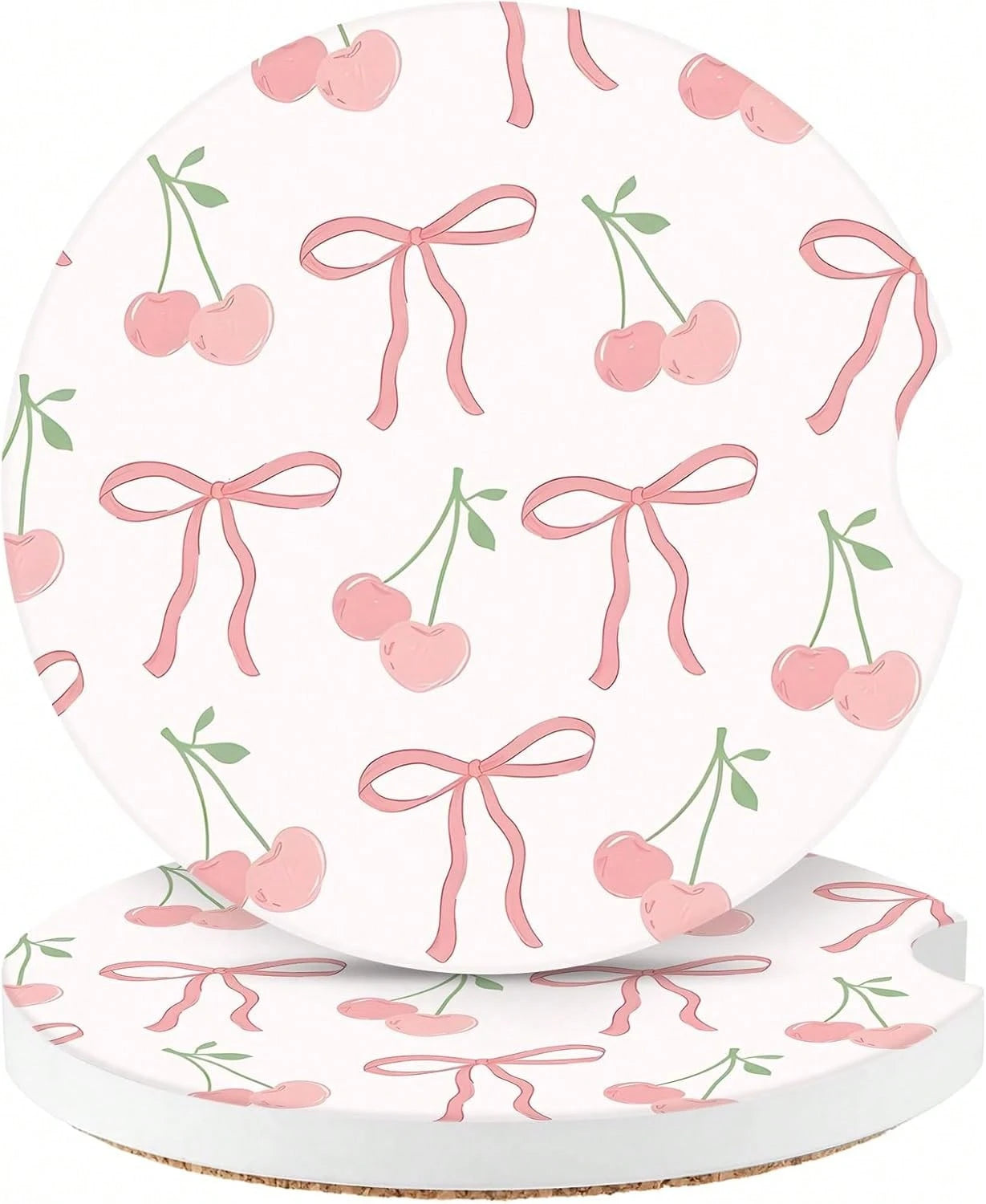 Cute Fashion Polka Car Coasters 2 Pack Cup Holders, 2.56 Inch Finger Notch Retro 70's Style Ceramics Heat Resistant Anti Slip Cork Base Car Drinks Coasters Auto Accessories-Pink