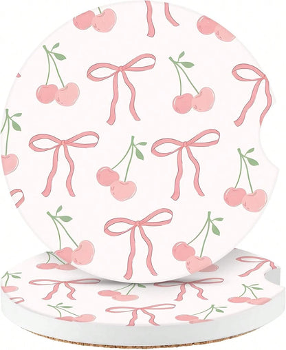 Cute Fashion Polka Car Coasters 2 Pack Cup Holders, 2.56 Inch Finger Notch Retro 70's Style Ceramics Heat Resistant Anti Slip Cork Base Car Drinks Coasters Auto Accessories-Pink