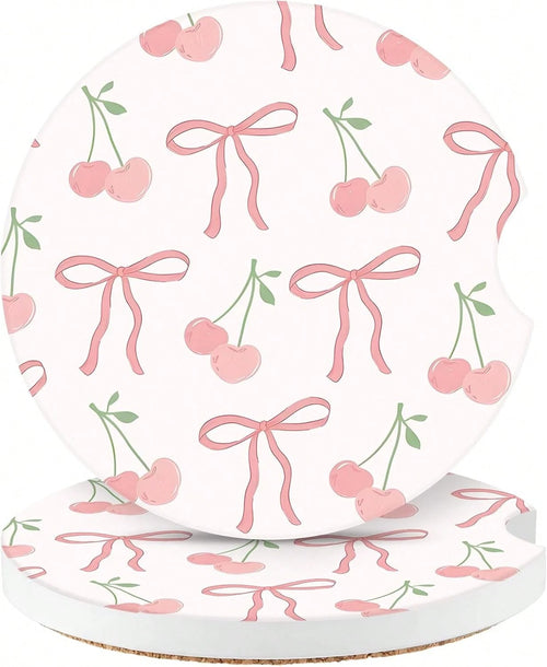 Cute Fashion Polka Car Coasters 2 Pack Cup Holders, 2.56 Inch Finger Notch Retro 70's Style Ceramics Heat Resistant Anti Slip Cork Base Car Drinks Coasters Auto Accessories-Pink