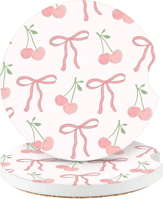Cute Fashion Polka Car Coasters 2 Pack Cup Holders, 2.56 Inch Finger Notch Retro 70's Style Ceramics Heat Resistant Anti Slip Cork Base Car Drinks Coasters Auto Accessories-Pink