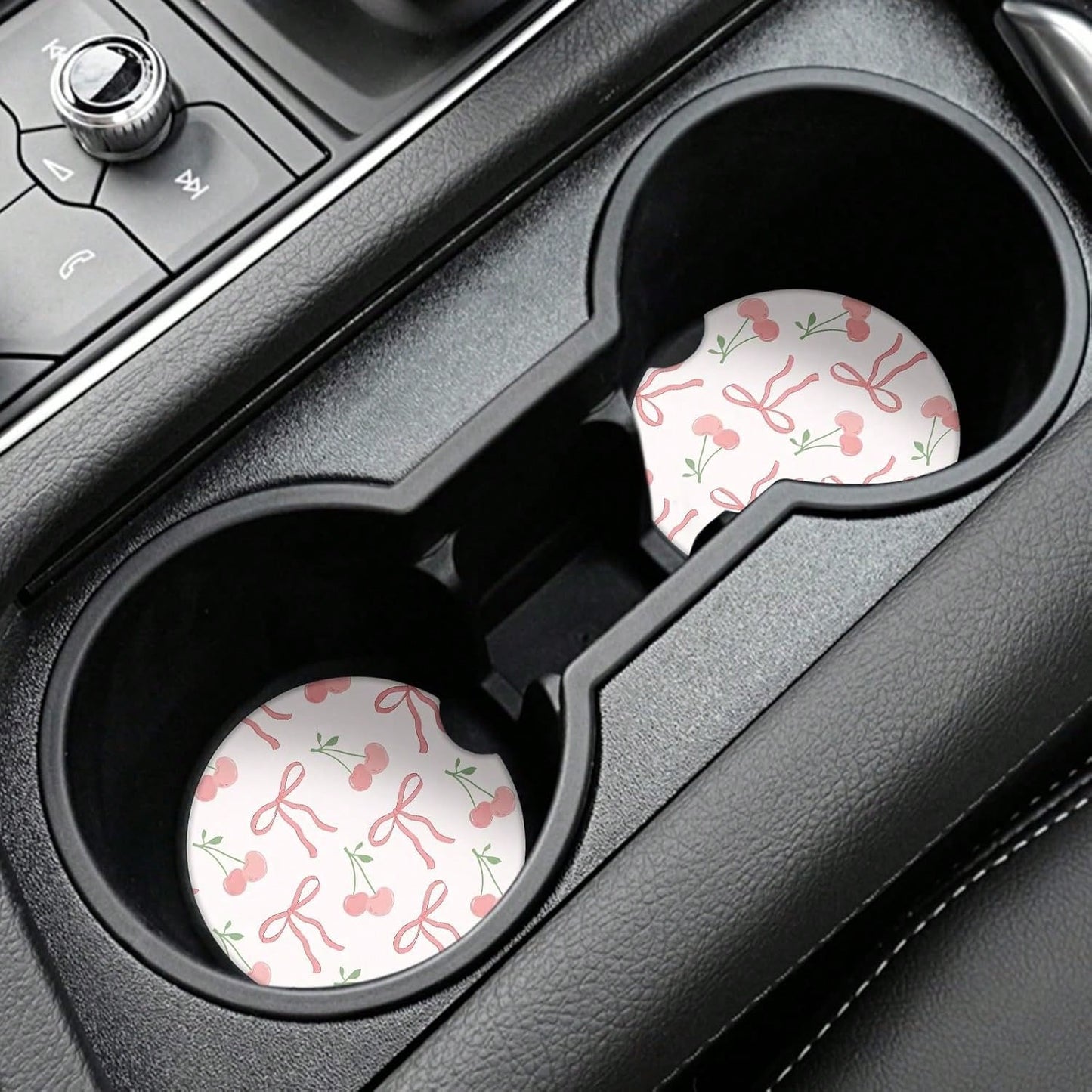Cute Fashion Polka Car Coasters 2 Pack Cup Holders, 2.56 Inch Finger Notch Retro 70's Style Ceramics Heat Resistant Anti Slip Cork Base Car Drinks Coasters Auto Accessories-Pink