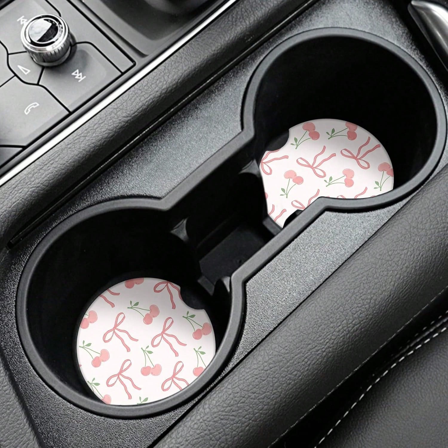 Cute Fashion Polka Car Coasters 2 Pack Cup Holders, 2.56 Inch Finger Notch Retro 70's Style Ceramics Heat Resistant Anti Slip Cork Base Car Drinks Coasters Auto Accessories-Pink
