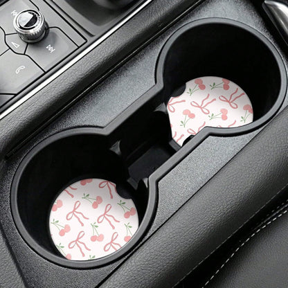 Cute Fashion Polka Car Coasters 2 Pack Cup Holders, 2.56 Inch Finger Notch Retro 70's Style Ceramics Heat Resistant Anti Slip Cork Base Car Drinks Coasters Auto Accessories-Pink