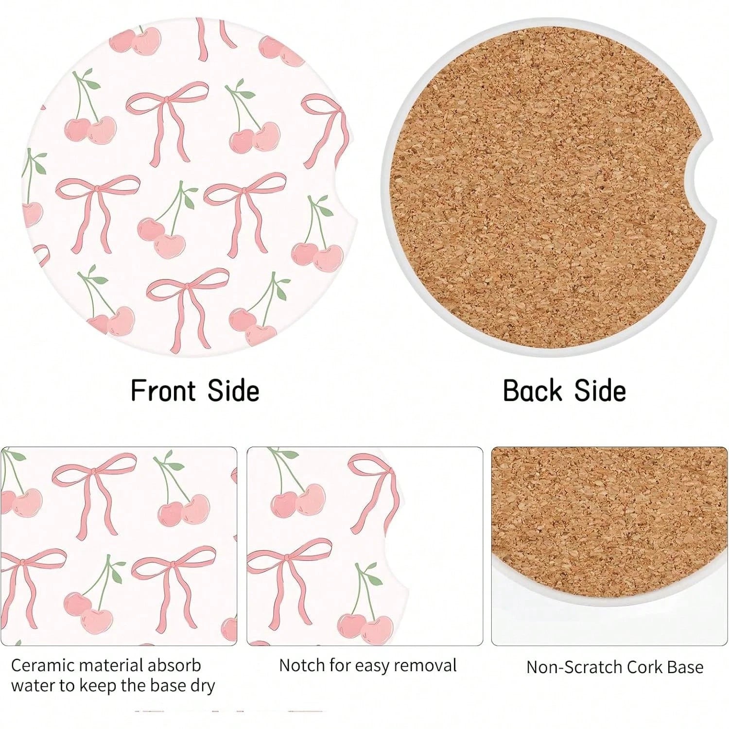 Cute Fashion Polka Car Coasters 2 Pack Cup Holders, 2.56 Inch Finger Notch Retro 70's Style Ceramics Heat Resistant Anti Slip Cork Base Car Drinks Coasters Auto Accessories-Pink