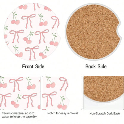 Cute Fashion Polka Car Coasters 2 Pack Cup Holders, 2.56 Inch Finger Notch Retro 70's Style Ceramics Heat Resistant Anti Slip Cork Base Car Drinks Coasters Auto Accessories-Pink