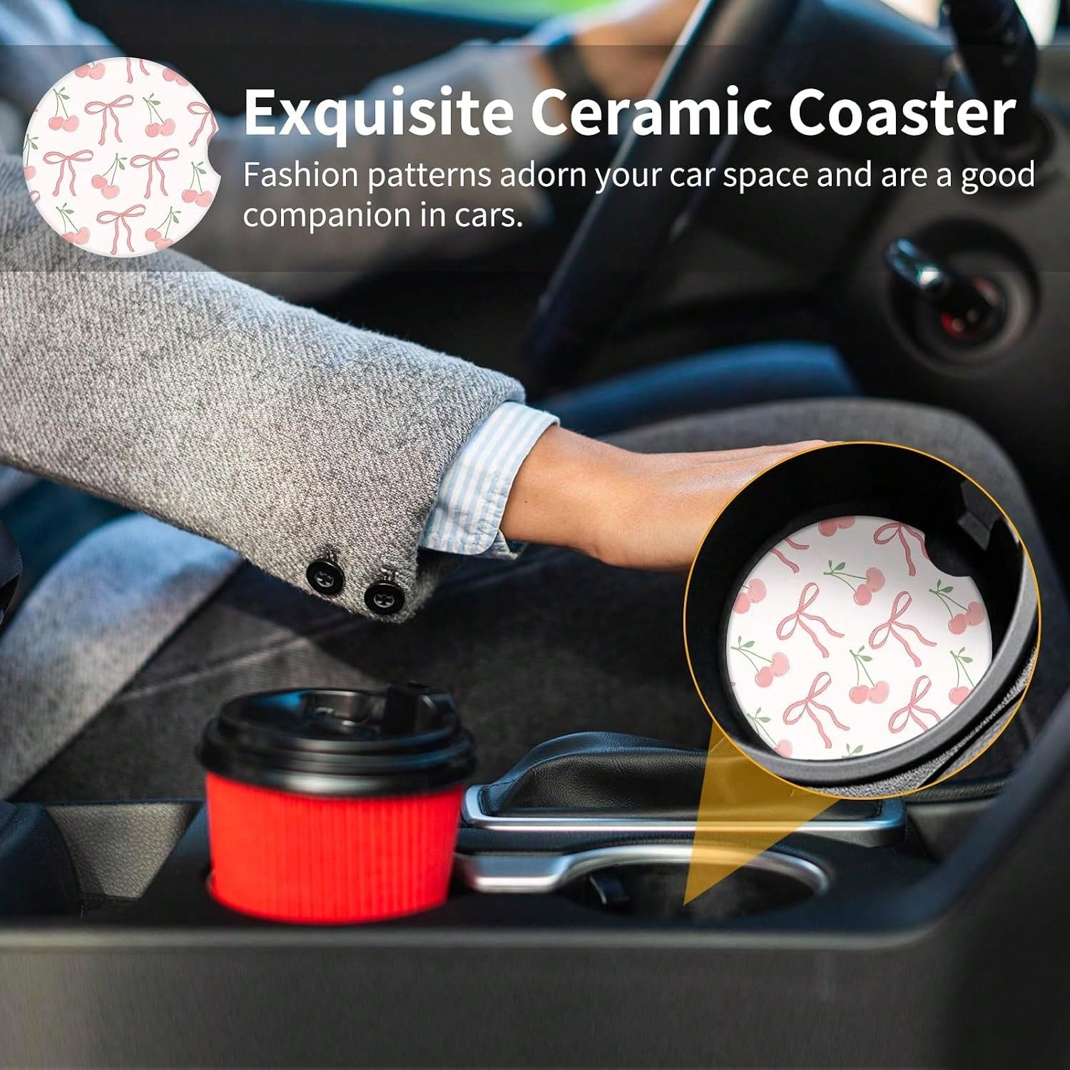 Cute Fashion Polka Car Coasters 2 Pack Cup Holders, 2.56 Inch Finger Notch Retro 70's Style Ceramics Heat Resistant Anti Slip Cork Base Car Drinks Coasters Auto Accessories-Pink