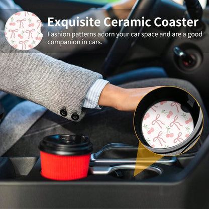 Cute Fashion Polka Car Coasters 2 Pack Cup Holders, 2.56 Inch Finger Notch Retro 70's Style Ceramics Heat Resistant Anti Slip Cork Base Car Drinks Coasters Auto Accessories-Pink