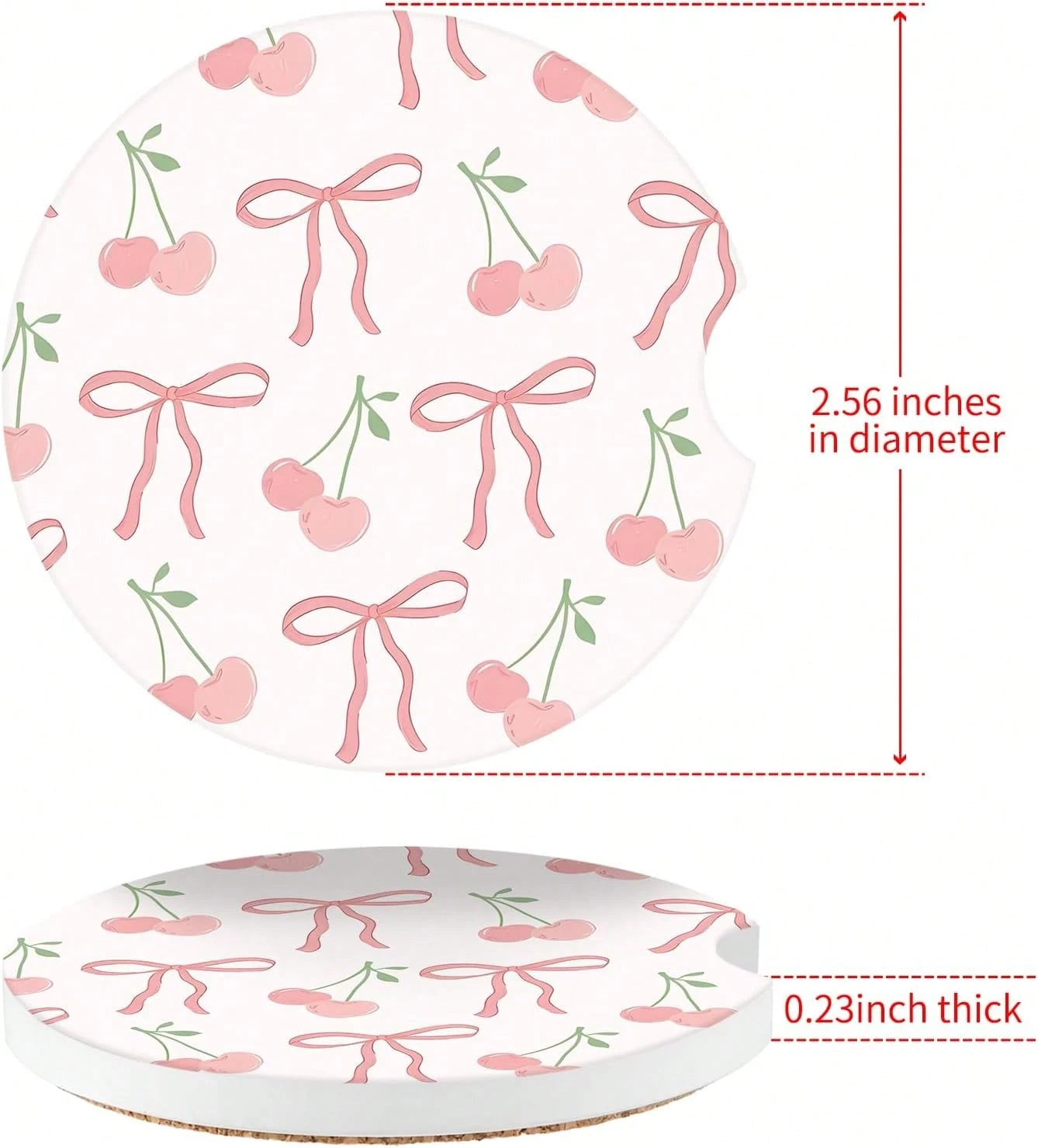Cute Fashion Polka Car Coasters 2 Pack Cup Holders, 2.56 Inch Finger Notch Retro 70's Style Ceramics Heat Resistant Anti Slip Cork Base Car Drinks Coasters Auto Accessories-Pink