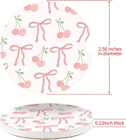 Cute Fashion Polka Car Coasters 2 Pack Cup Holders, 2.56 Inch Finger Notch Retro 70's Style Ceramics Heat Resistant Anti Slip Cork Base Car Drinks Coasters Auto Accessories-Pink