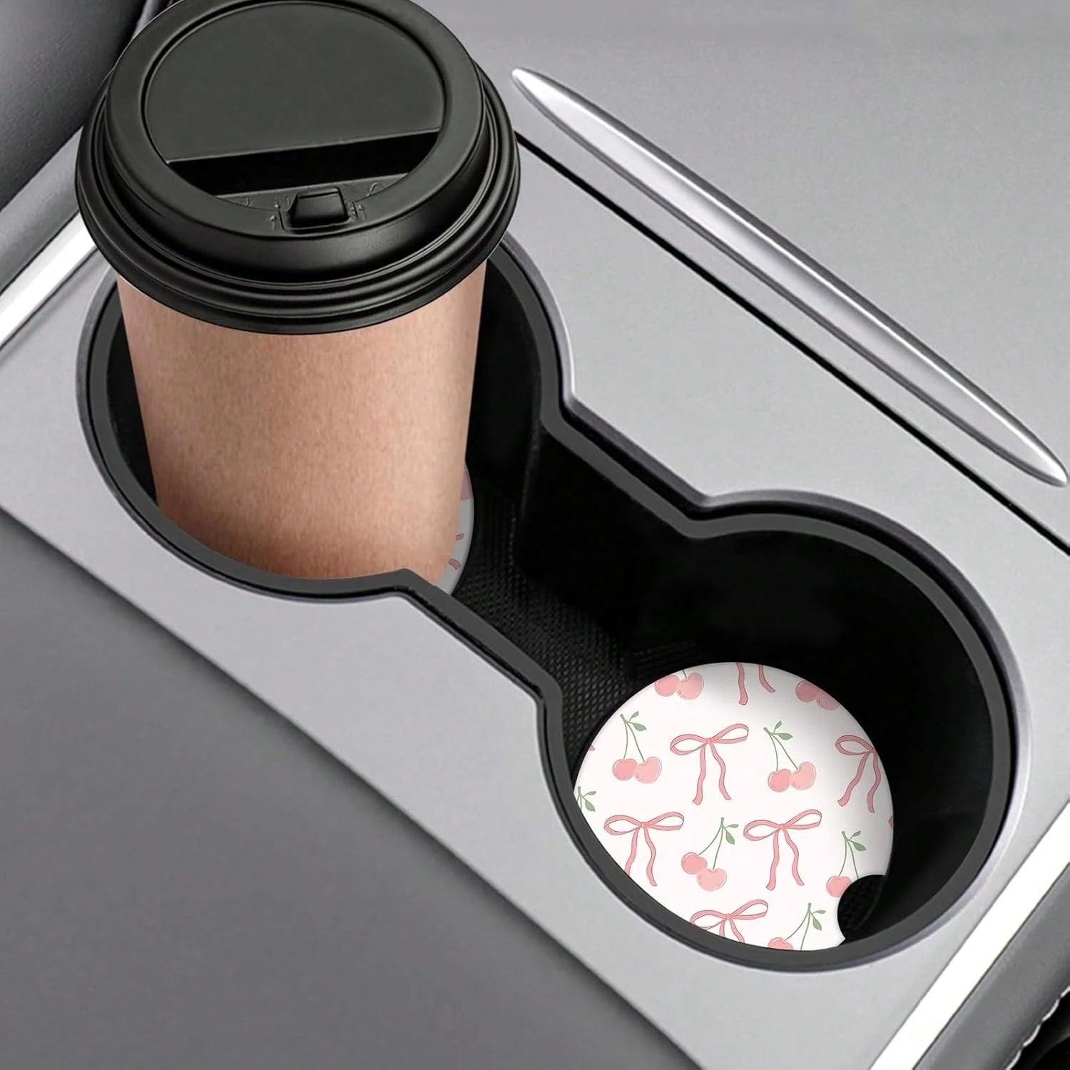 Cute Fashion Polka Car Coasters 2 Pack Cup Holders, 2.56 Inch Finger Notch Retro 70's Style Ceramics Heat Resistant Anti Slip Cork Base Car Drinks Coasters Auto Accessories-Pink