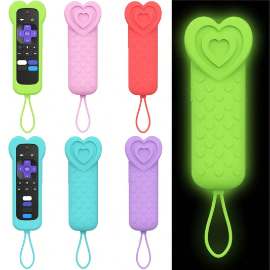 Cute Heart Shape Silicone Remote Control Cover For Roku TV Remote/ Roku Player Remote/ Roku Voice Remote (Without Headphone Jack), Glow In The Dark Remote Case For Roku Express 4K+ HD Streaming Stick
