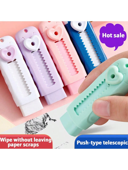 Cute Heart-Shaped Eraser Set, Durable ABS Material, Push-Pull Design, Lovely Macaron Colors, Suitable For Office And School Use, Back To School