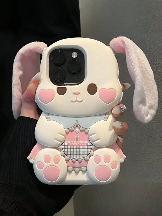 Cute Pink Bunny Element Silicone Heart Blush 3D Rabbit Silicone Animal Ears Style Kawaii Phone Shockproof Case With Plush Ears Compatible With Iphone 17/17pro/7air/17PROMAX/16/16PRO/16PLUS/16PROMAX/15