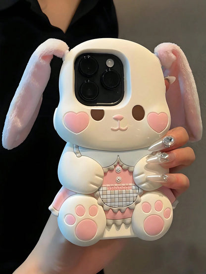 Cute Pink Bunny Element Silicone Heart Blush 3D Rabbit Silicone Animal Ears Style Kawaii Phone Shockproof Case With Plush Ears Compatible With Iphone 17/17pro/7air/17PROMAX/16/16PRO/16PLUS/16PROMAX/15