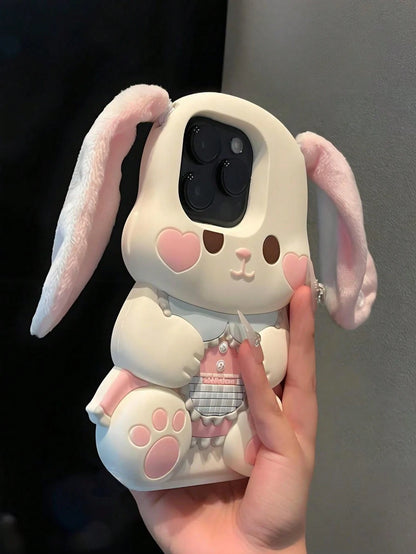 Cute Pink Bunny Element Silicone Heart Blush 3D Rabbit Silicone Animal Ears Style Kawaii Phone Shockproof Case With Plush Ears Compatible With Iphone 17/17pro/7air/17PROMAX/16/16PRO/16PLUS/16PROMAX/15